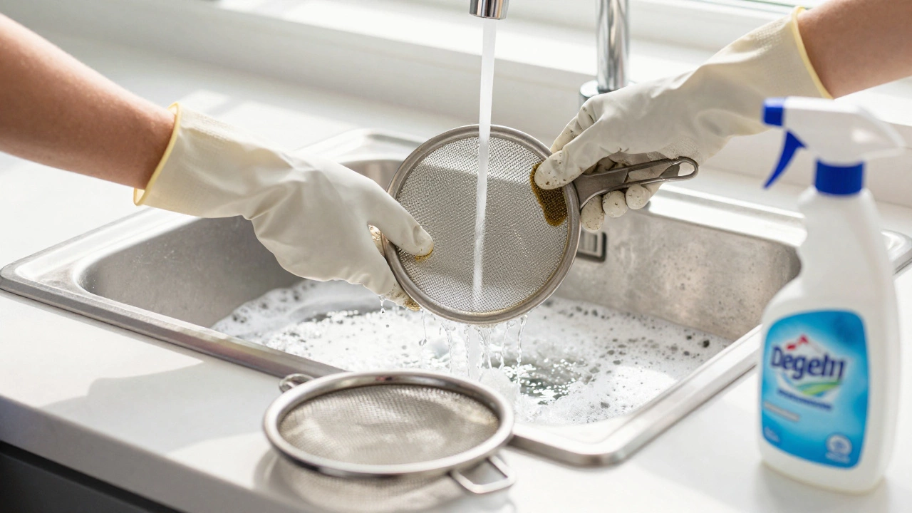Hands washing a greasy extractor fan filter in soapy water