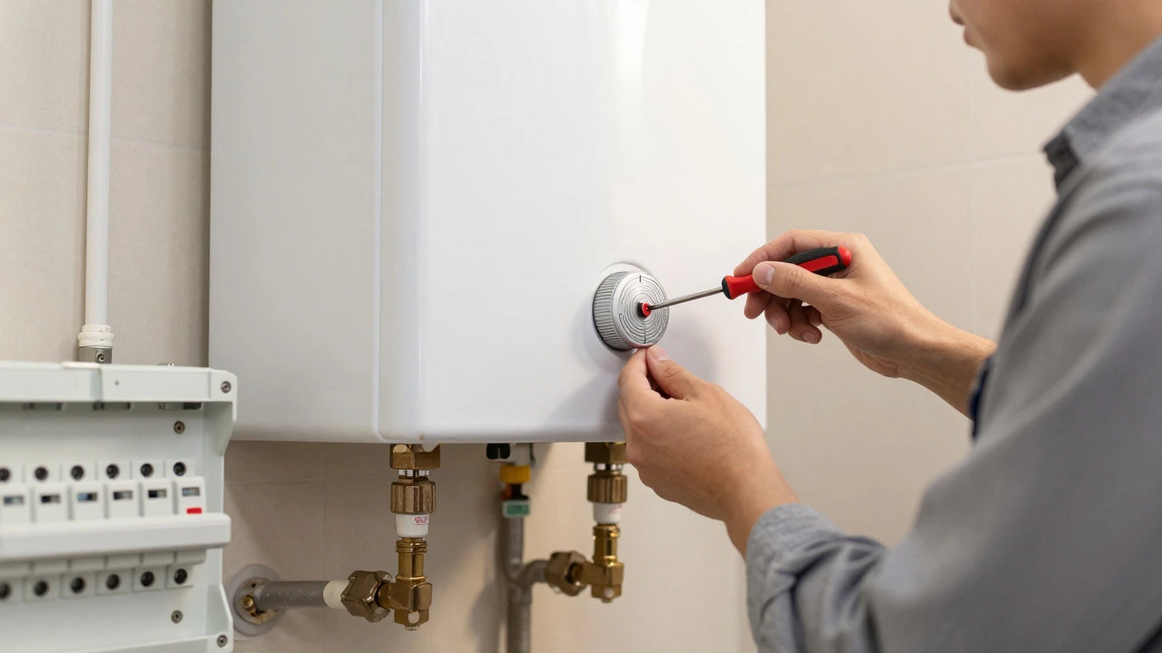 Homeowner checking water heater thermostat