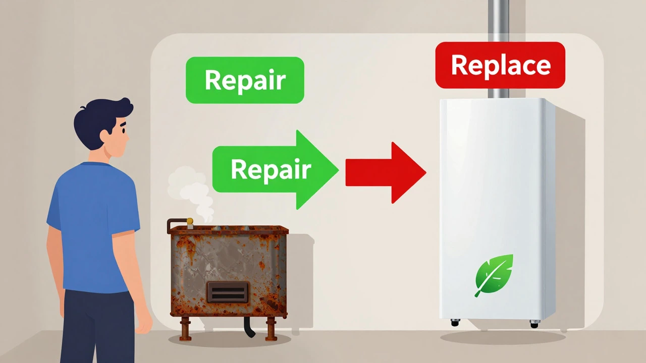 Homeowner deciding between repairing or replacing an old boiler