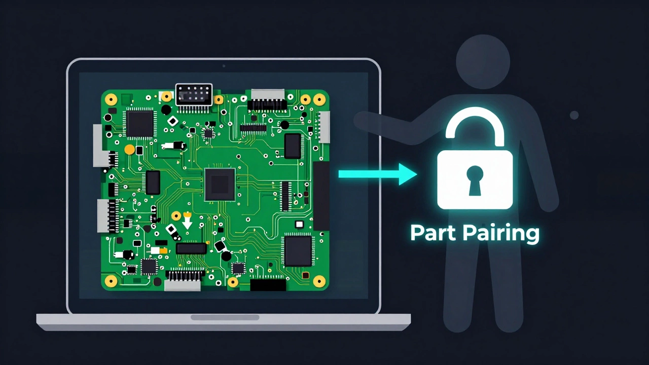 Illustration of laptop motherboard showing part pairing and integration issues