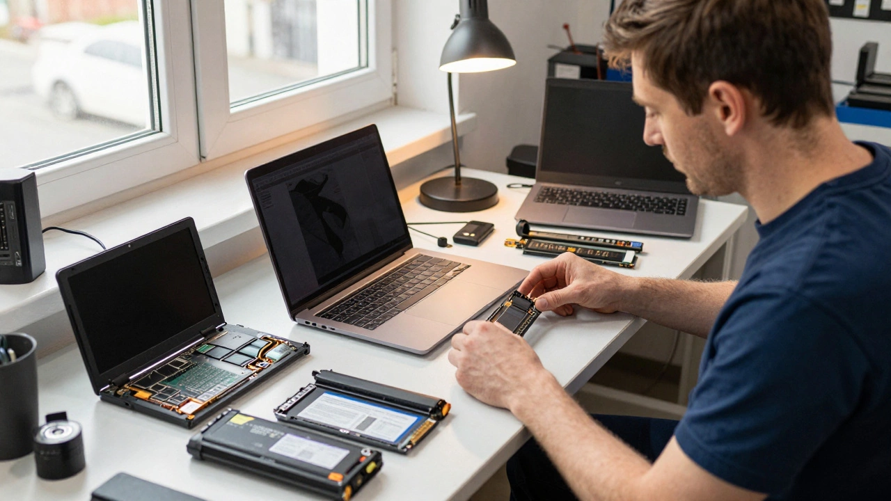 Independent repair shop bench with various sourced laptop components