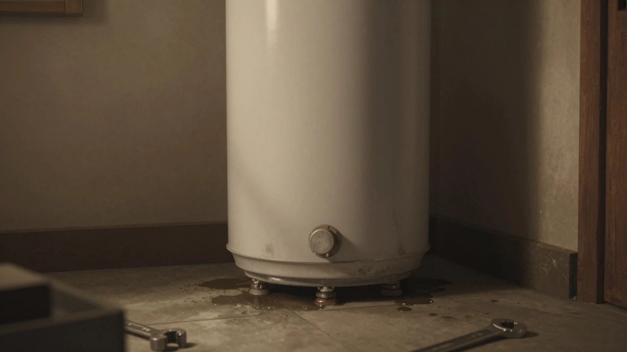 Old water heater with leaking base in dim room