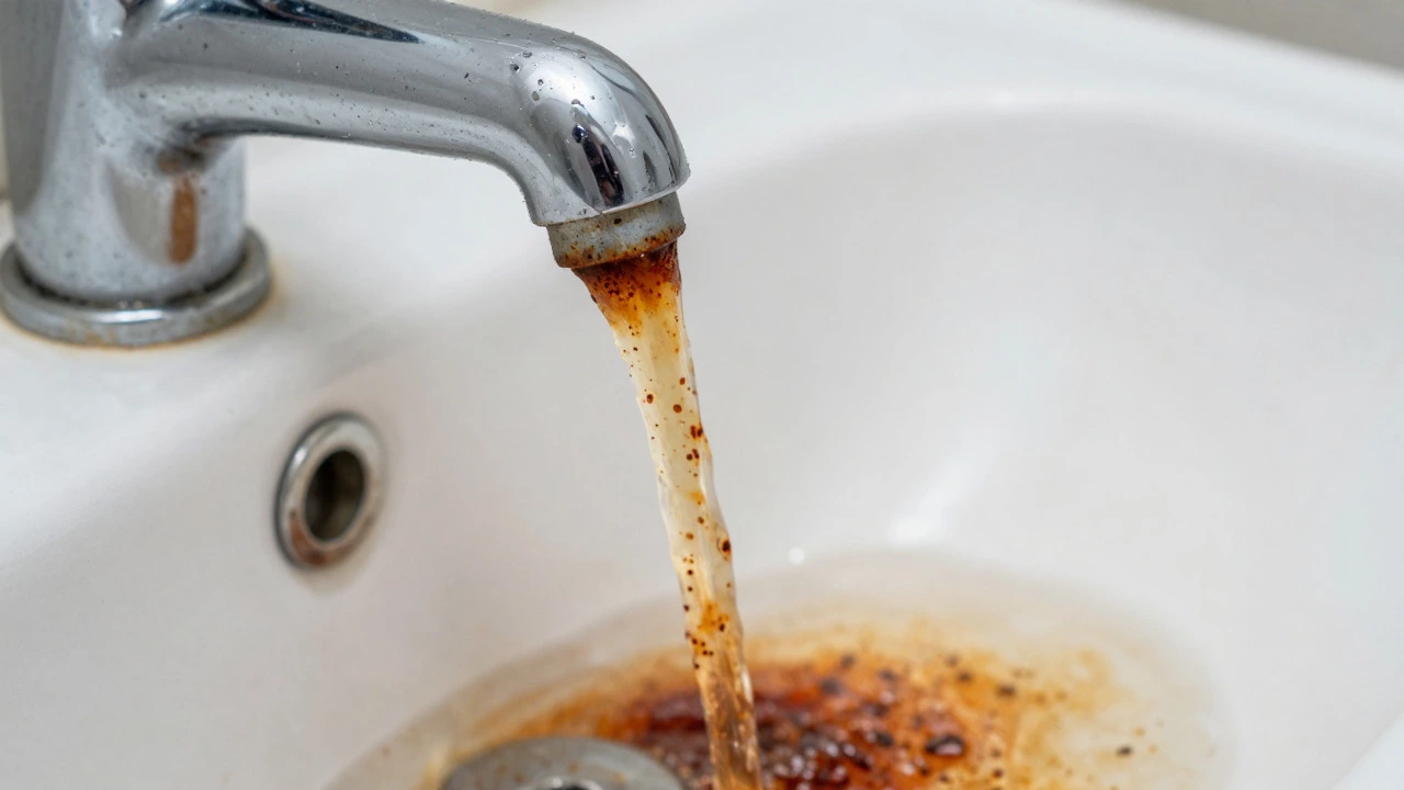 Rusty brown water flowing from a chrome faucet