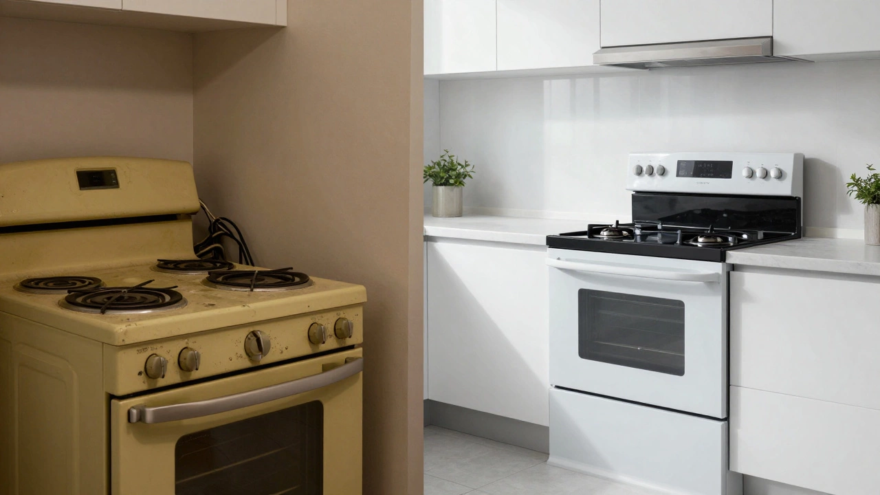 Side-by-side comparison of an old worn range and a new efficient model