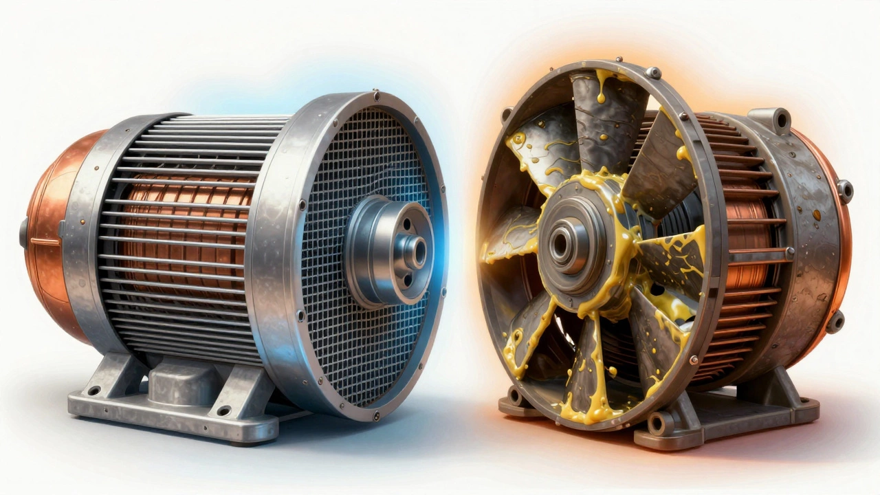Split view comparing a clean efficient fan motor versus a greasy worn one