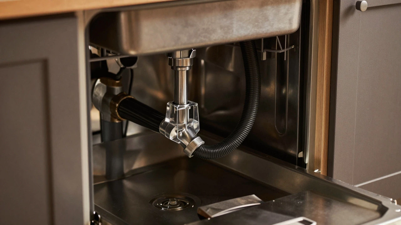 View of a dishwasher drain hose under a kitchen sink showing potential blockage