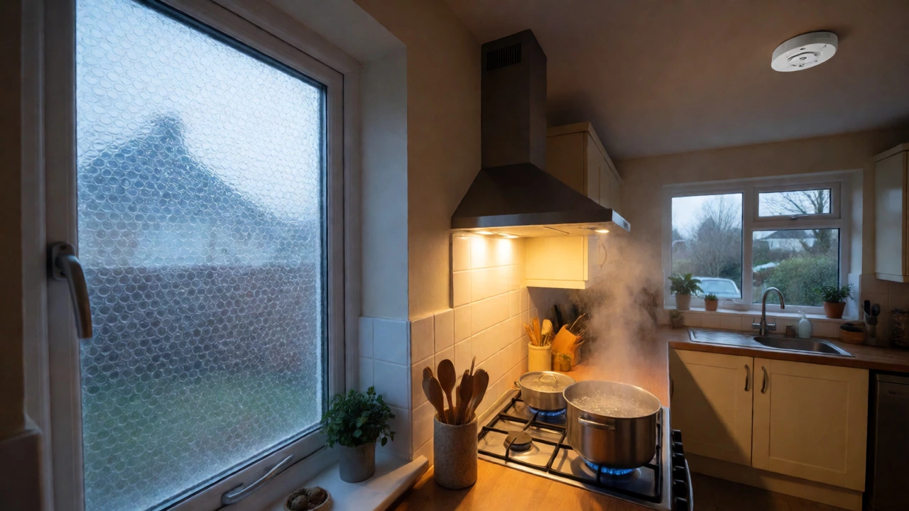 Boiling pot on stove and bubble-wrapped window in a kitchen for emergency heating.