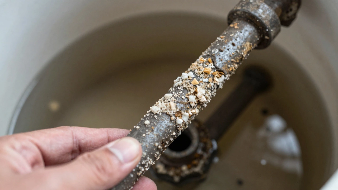 Close-up of a corroded anode rod covered in mineral scale