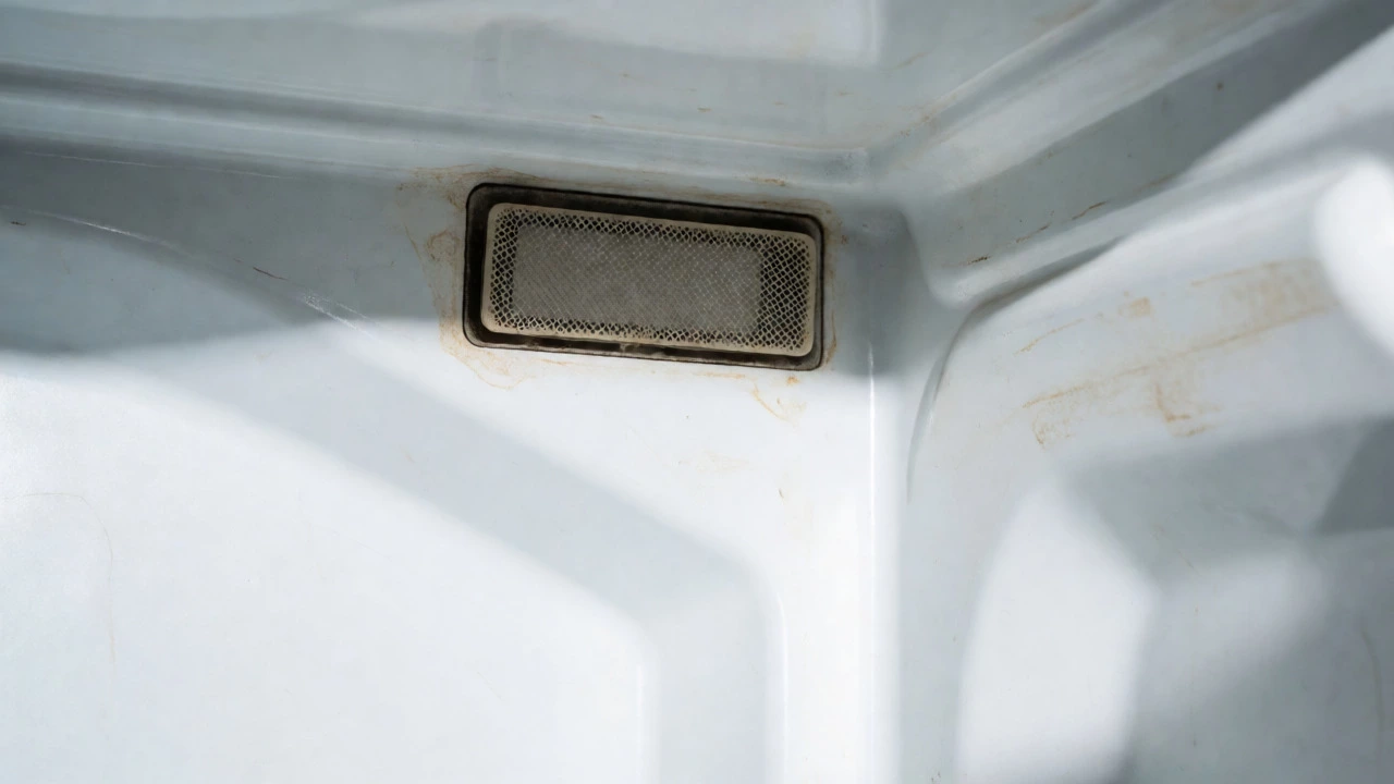 Close-up of a dirty microwave interior showing grease and wear on the waveguide.