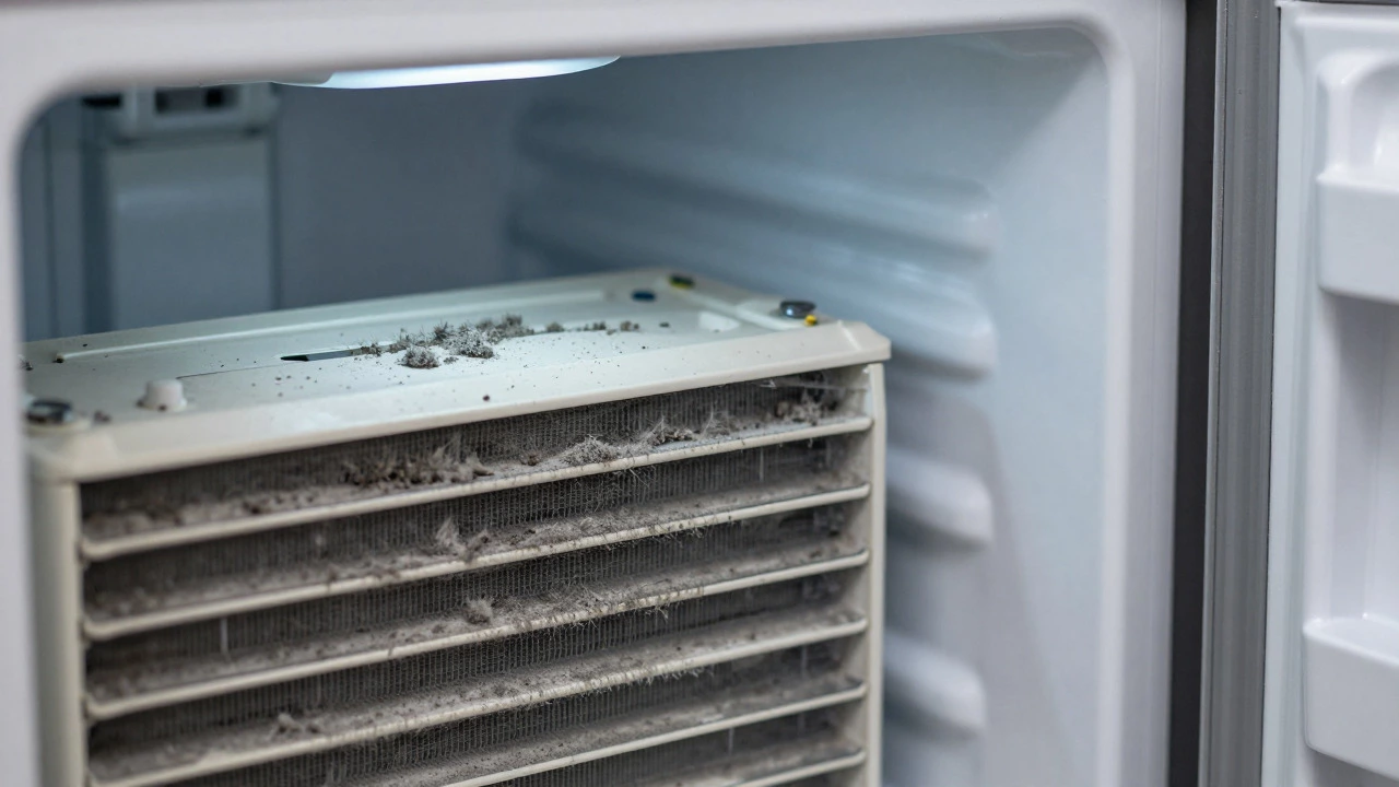 Close-up of dusty condenser coils and frost inside an aging freezer