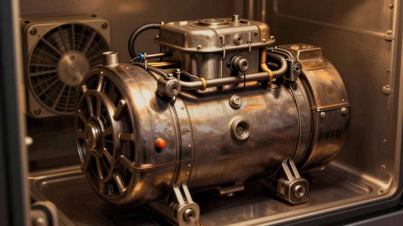 Close-up technical view of a refrigerator compressor with warm lighting