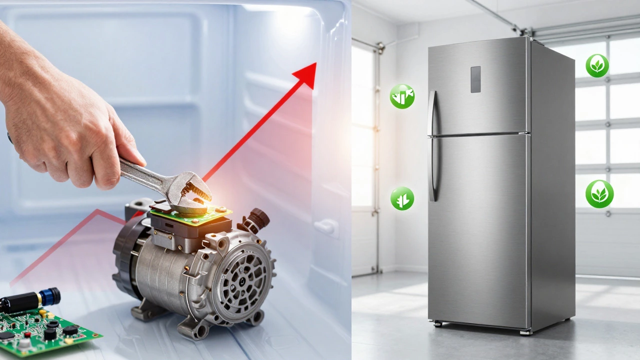 Conceptual image comparing costly freezer repairs with buying a new efficient unit