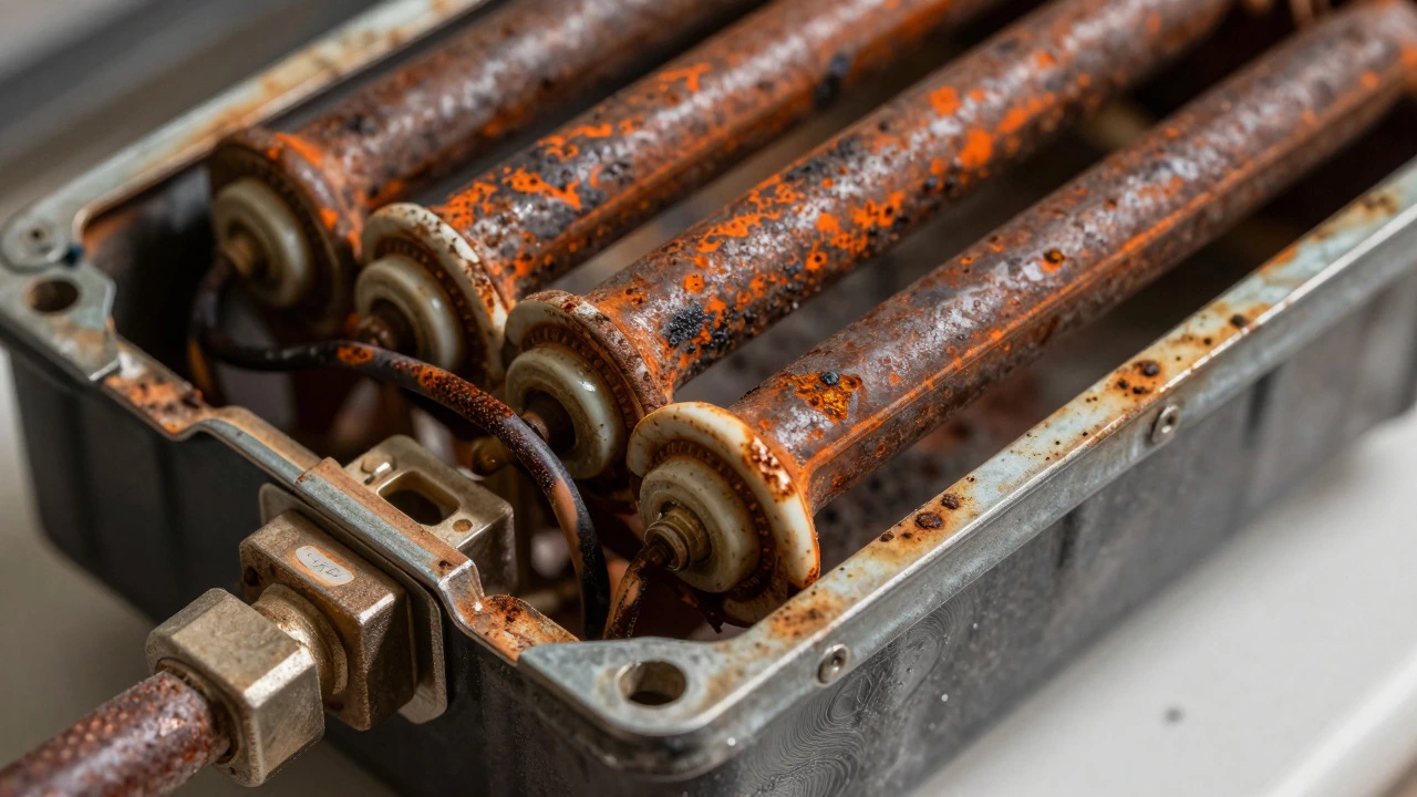 Corroded heating element flange showing rust and mineral buildup
