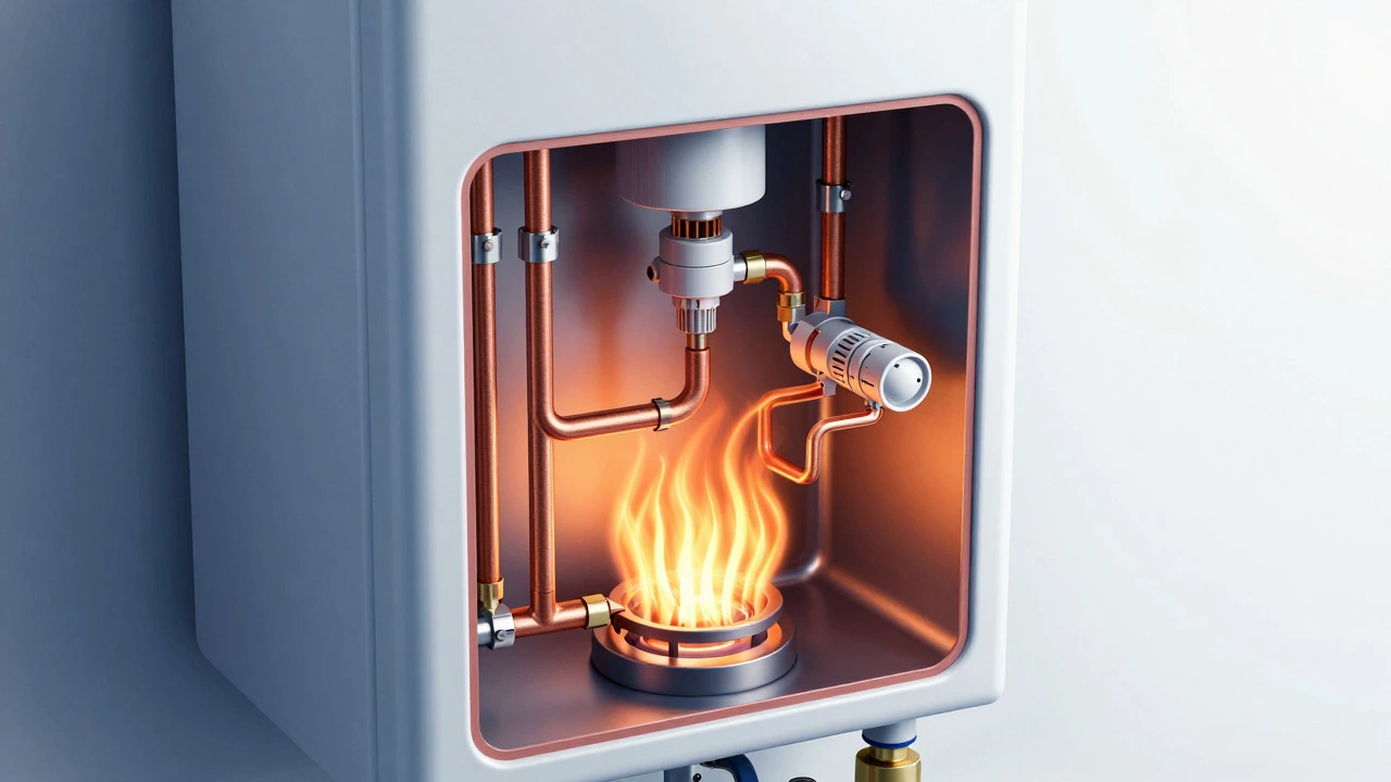 Cross-section illustration showing water heater internals and heat flow