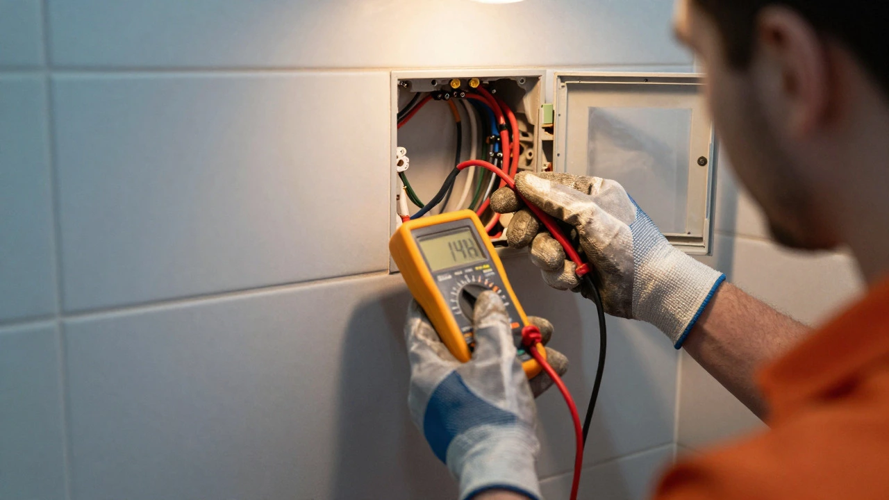 Electrician inspecting wiring in a bathroom junction box