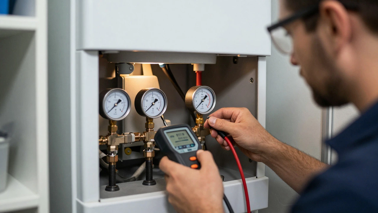 Engineer servicing a modern boiler with diagnostic tools