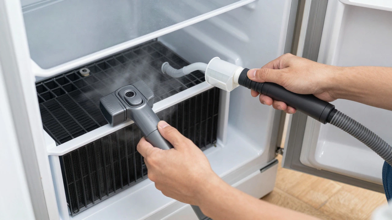 Hands cleaning fridge coils and clearing drain tube with tools