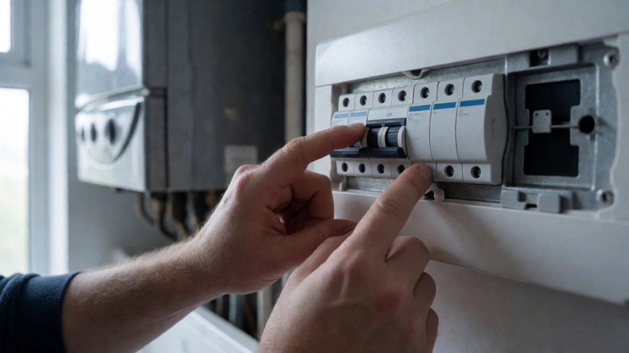 Hands inspecting a tripped circuit breaker next to a household gas boiler.