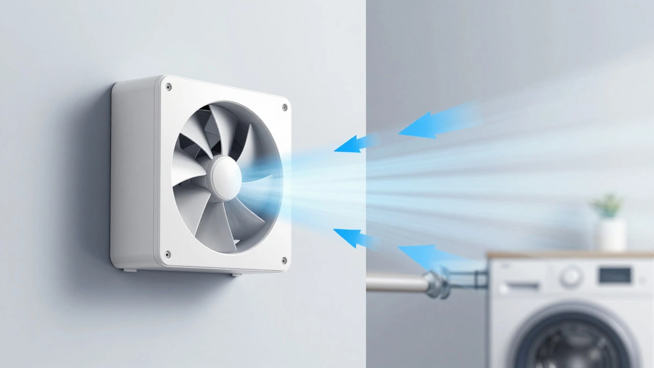 Illustration of an extractor fan pulling moist air out of a room through a wall duct