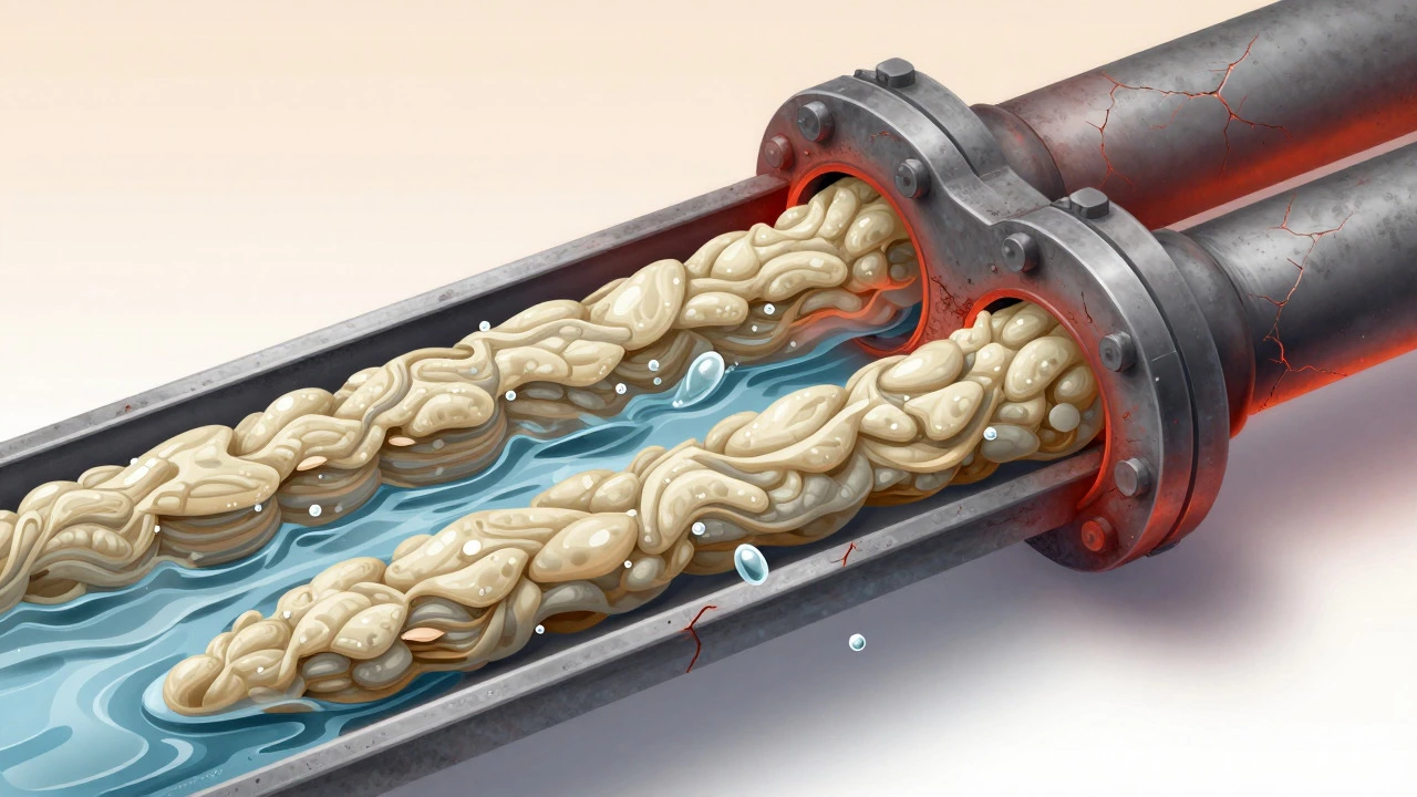 Illustration of limescale buildup inside a boiler heat exchanger pipe