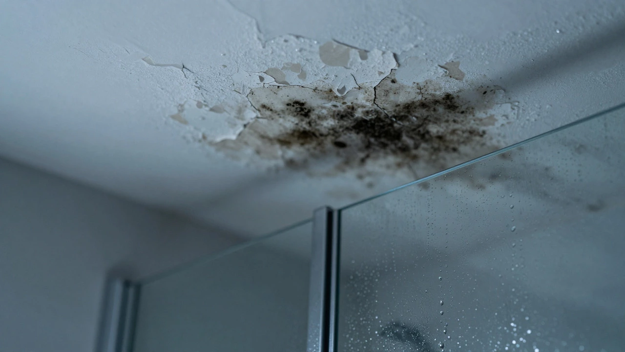 Mold and peeling paint on a bathroom ceiling corner caused by excessive humidity and condensation