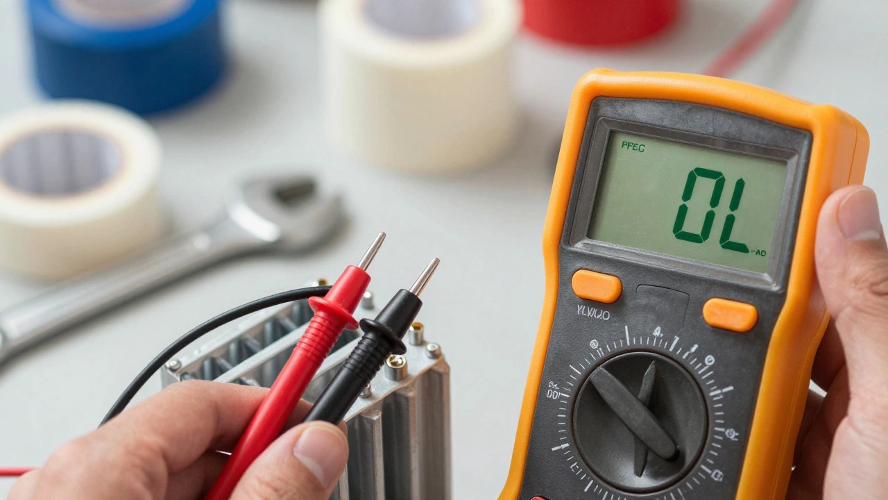 Multimeter probes testing heating element terminals displaying OL