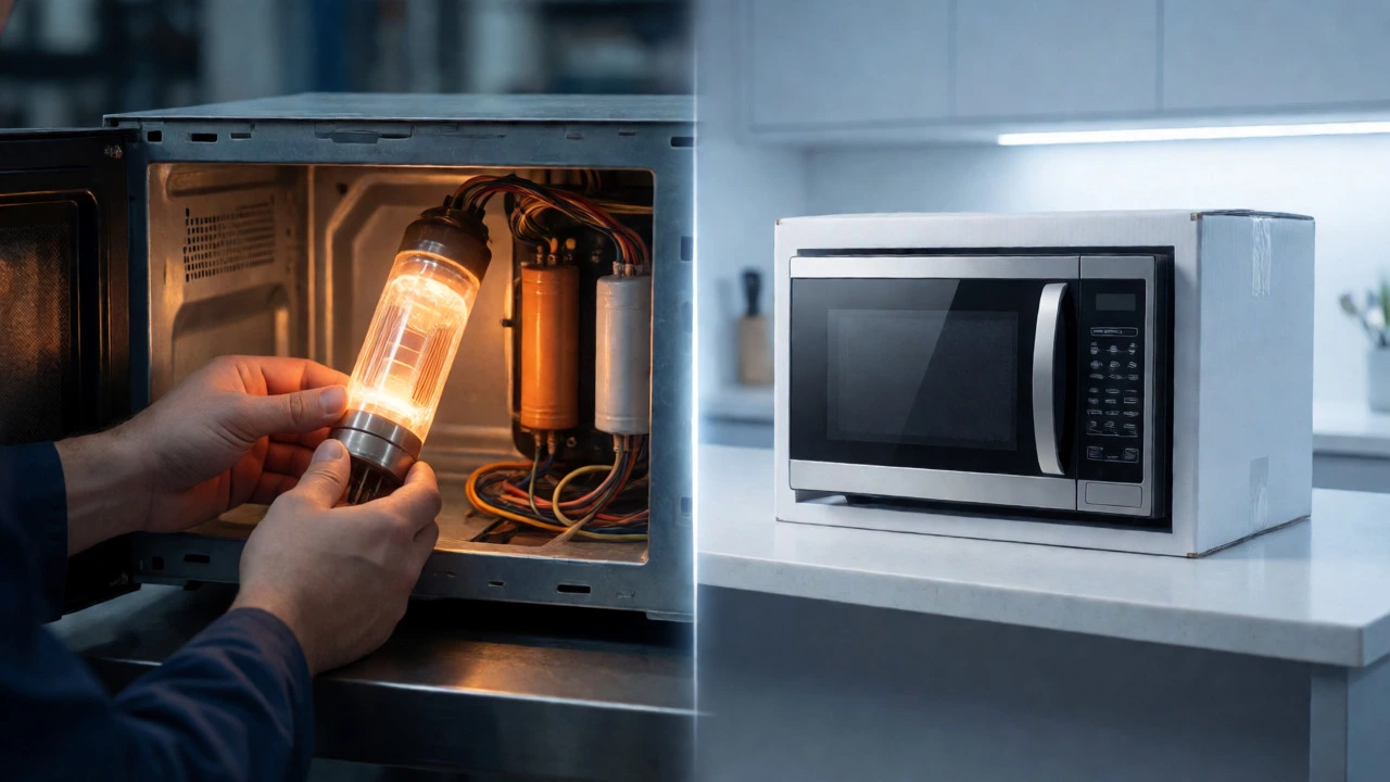 Split view comparing a technician repairing a microwave versus a new boxed unit.