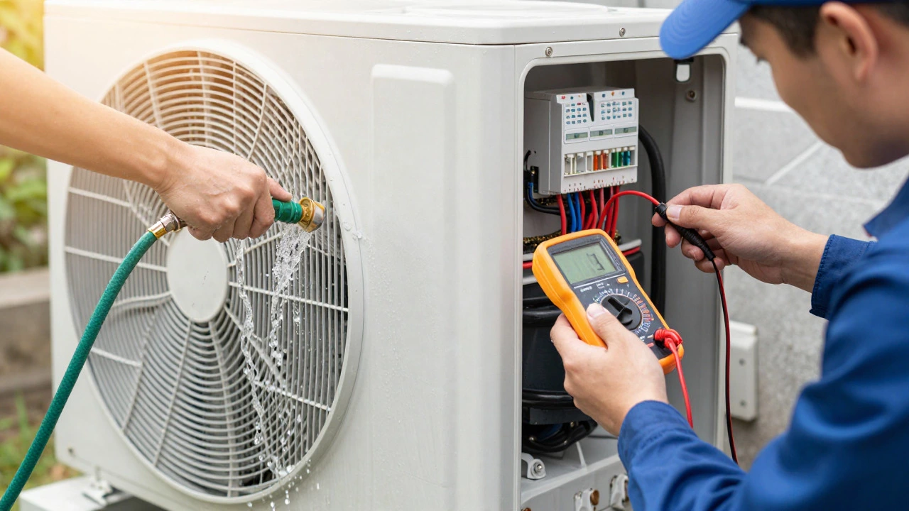 Technician cleaning coils and checking electricals