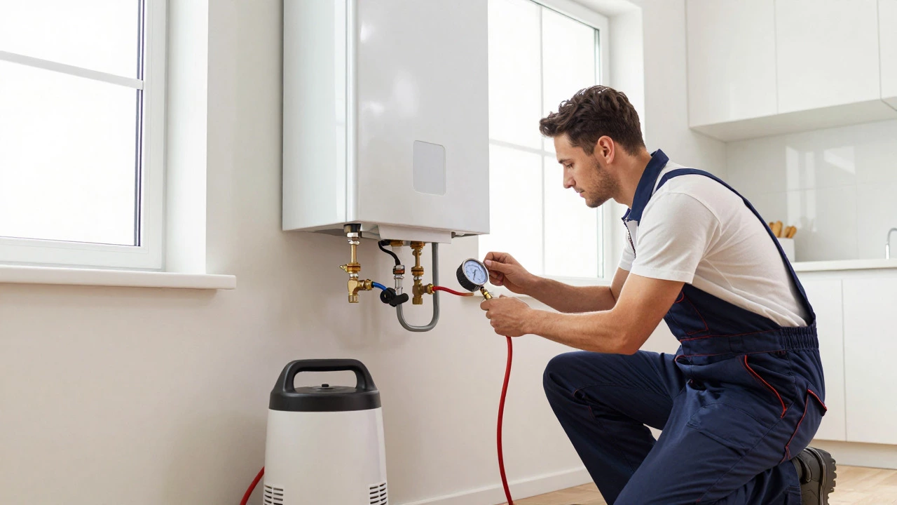 Technician servicing a modern boiler with a pressure gauge in a utility room