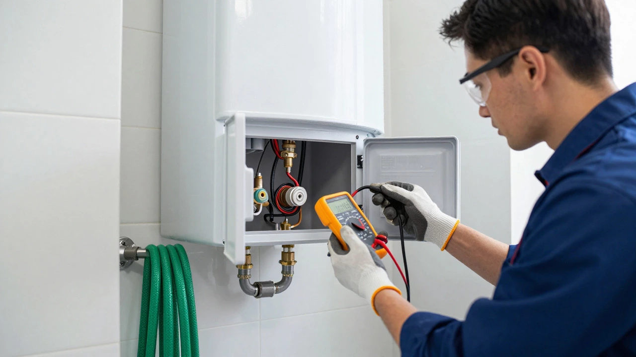Technician using a multimeter to inspect an electric water heater