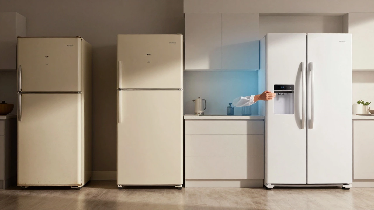Timeline showing old and new refrigerators with a technician checking a seal