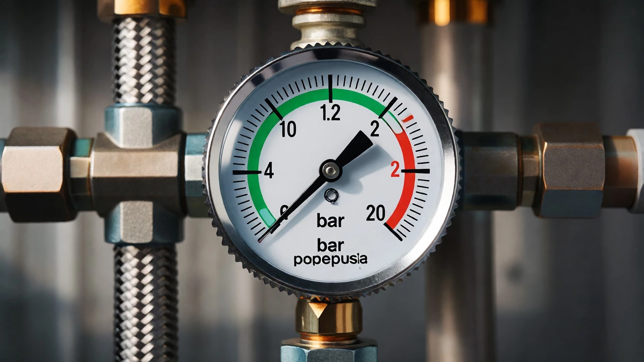 Close-up of a boiler pressure gauge showing the optimal 1.2 bar reading.