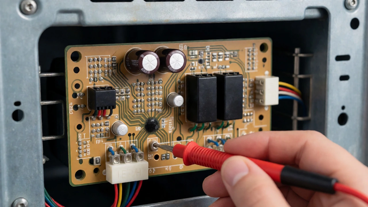 Close-up of a damaged oven control board with bulging capacitors being tested with a multimeter.