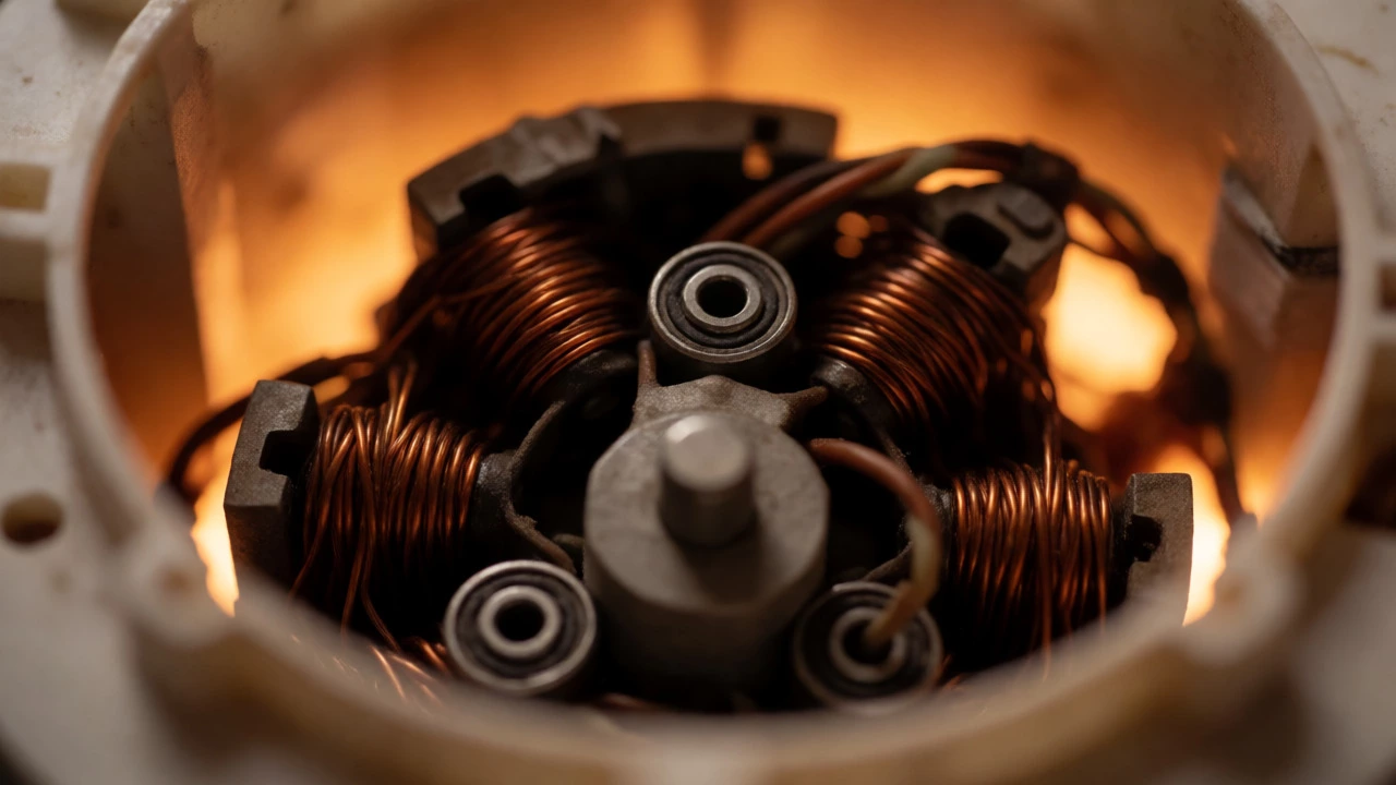 Close-up of an extractor fan motor with burnt insulation and dust-covered copper windings.