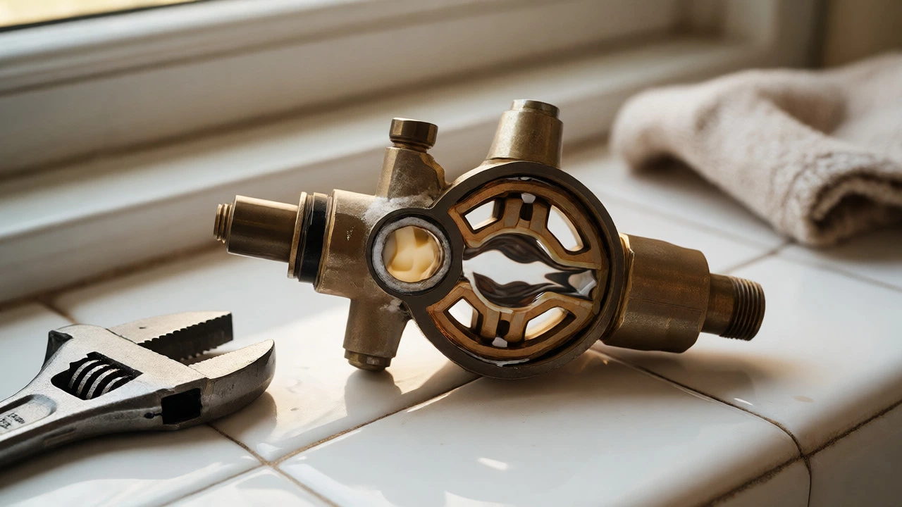 Close-up of brass diverter valve with limescale buildup on tiled surface