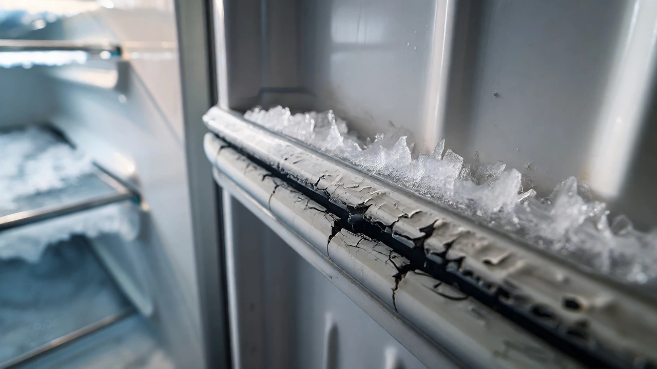 Close up of cracked rubber door seal with ice buildup