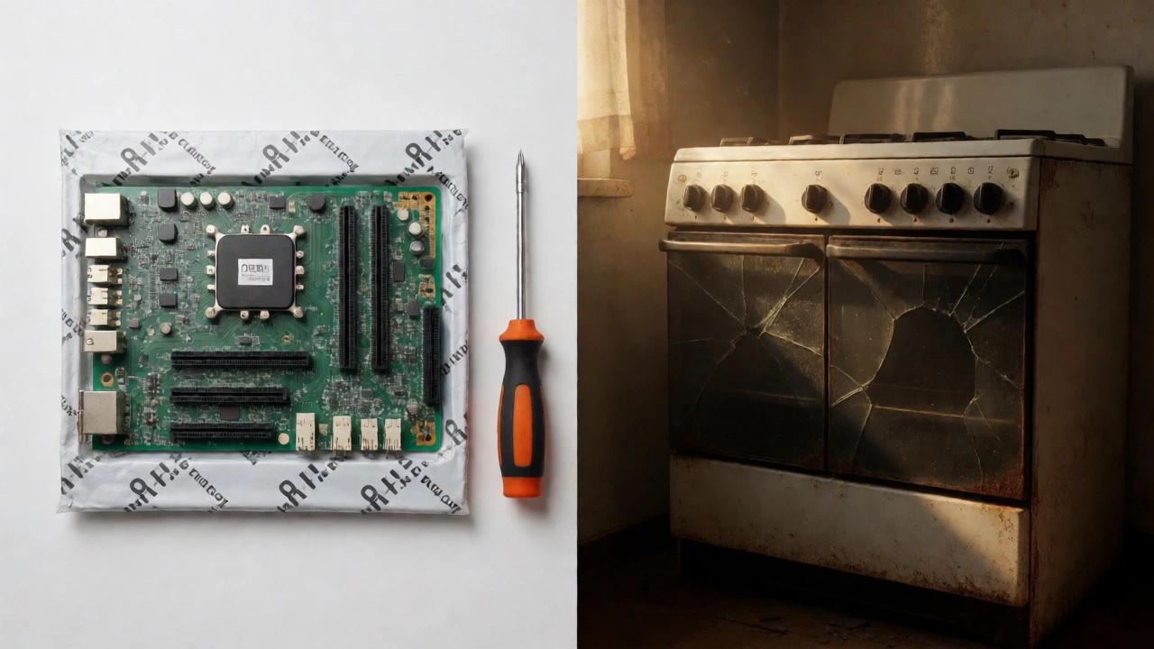 Comparison between a new replacement oven control board and an old, worn-out oven unit.