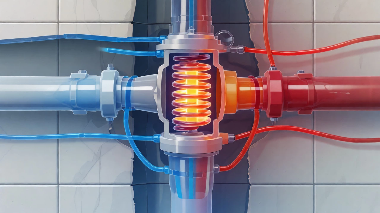 Cross-section diagram of faulty thermostatic mixing valve blocking hot water