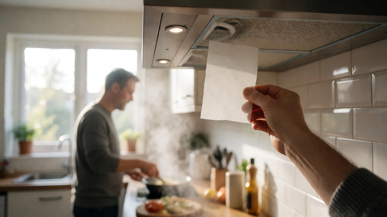 Hand holding toilet paper against a kitchen range hood fan to test airflow strength.