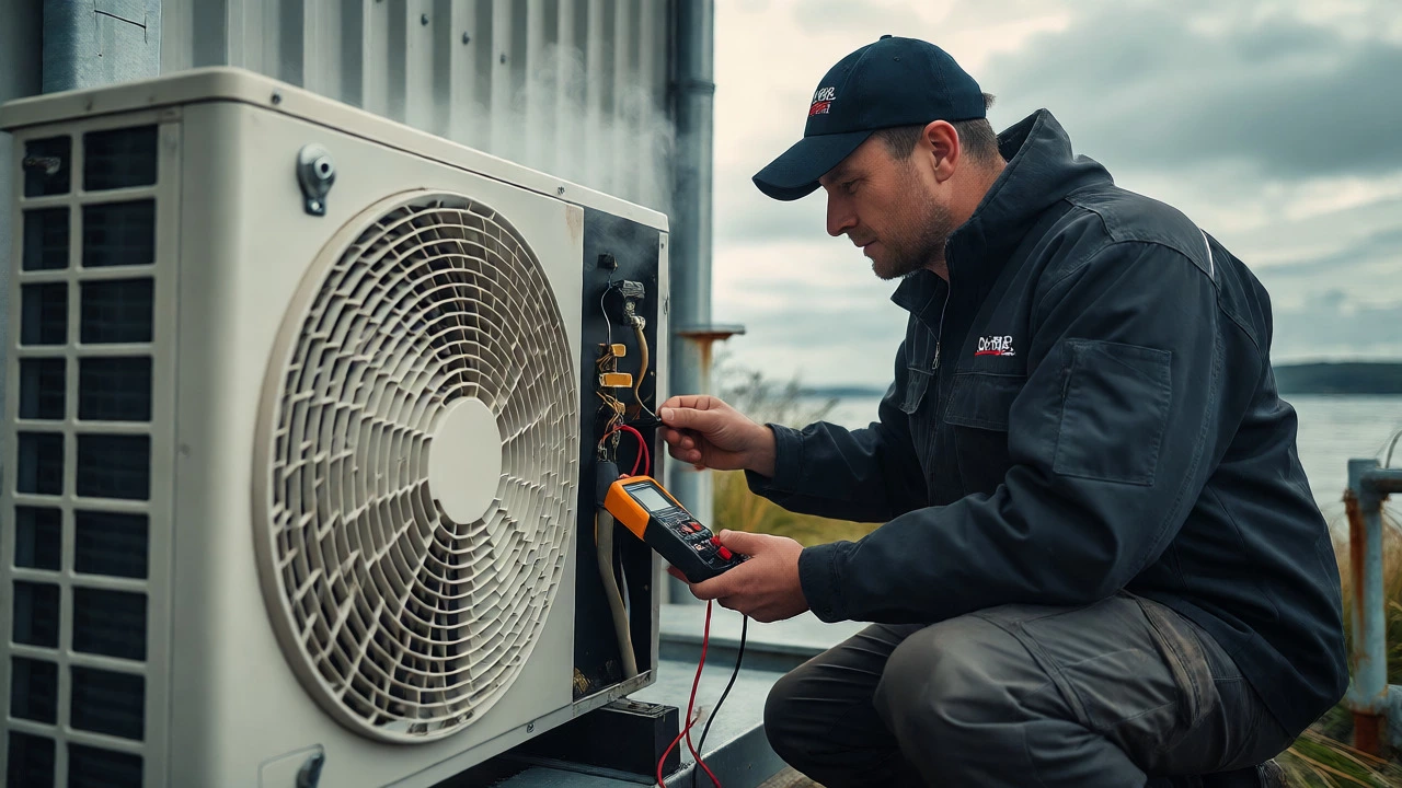 HVAC technician testing outdoor heat pump electronics in coastal setting
