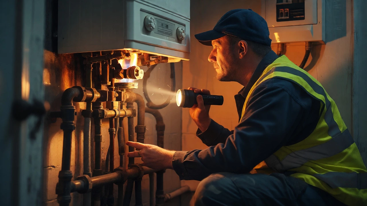 Licensed technician inspecting a boiler burner with a flashlight for faults.