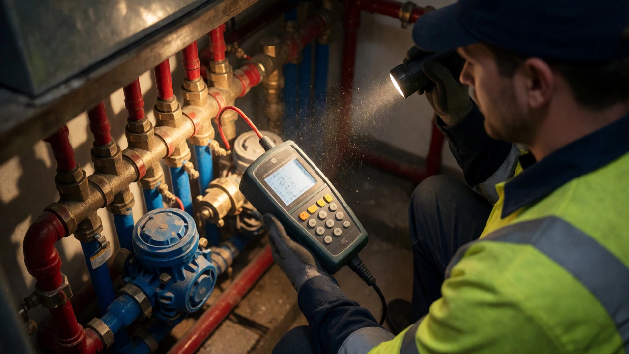Licensed technician inspecting complex hydronic heating pipes and valves with a flashlight.