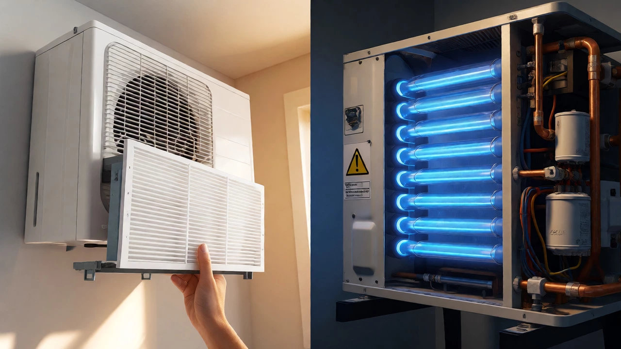 Split view comparing clean indoor filters with complex internal components