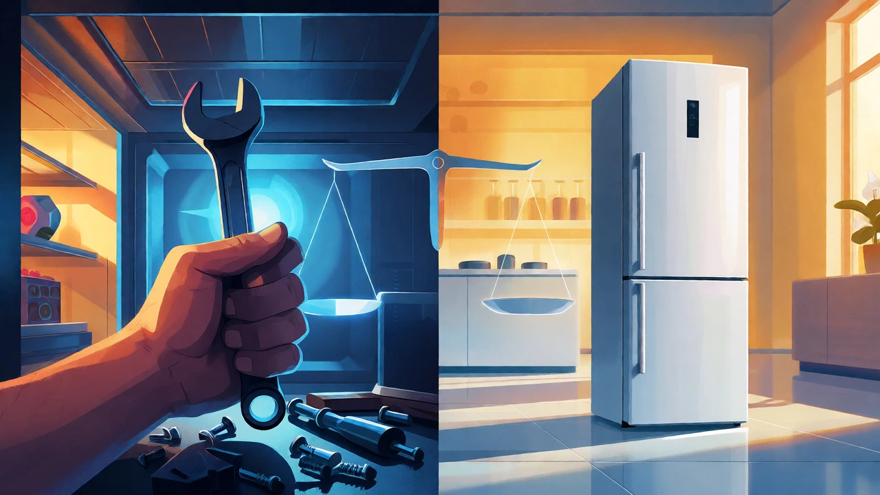 Split view comparing fridge repair tools and a new modern unit