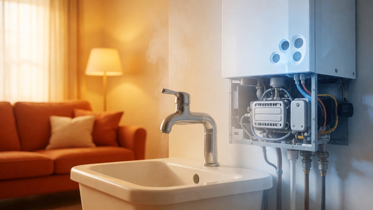 Split view of a warm living room and clean boiler internals representing efficient maintenance.