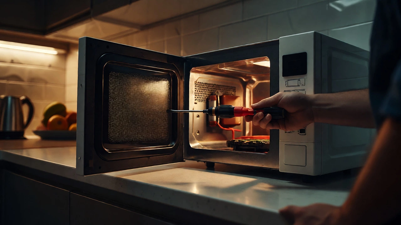 Technician carefully inspecting microwave internals