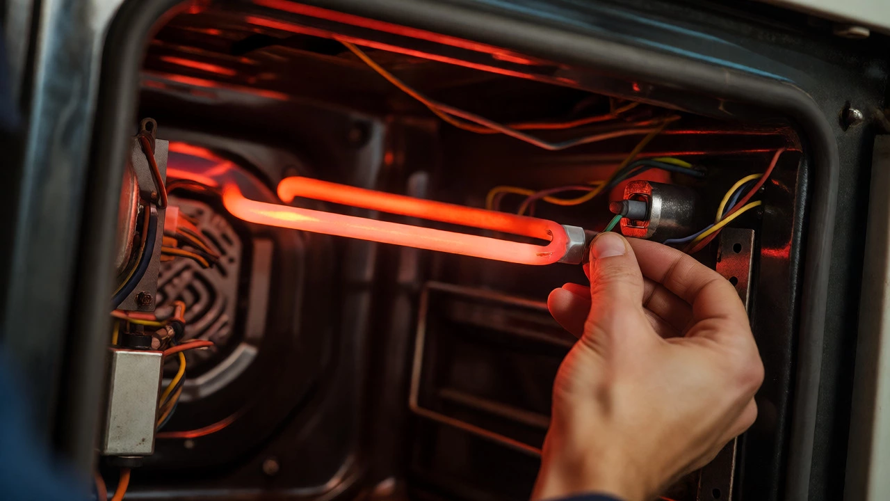 Technician inspecting a glowing red heating element inside an old oven cavity