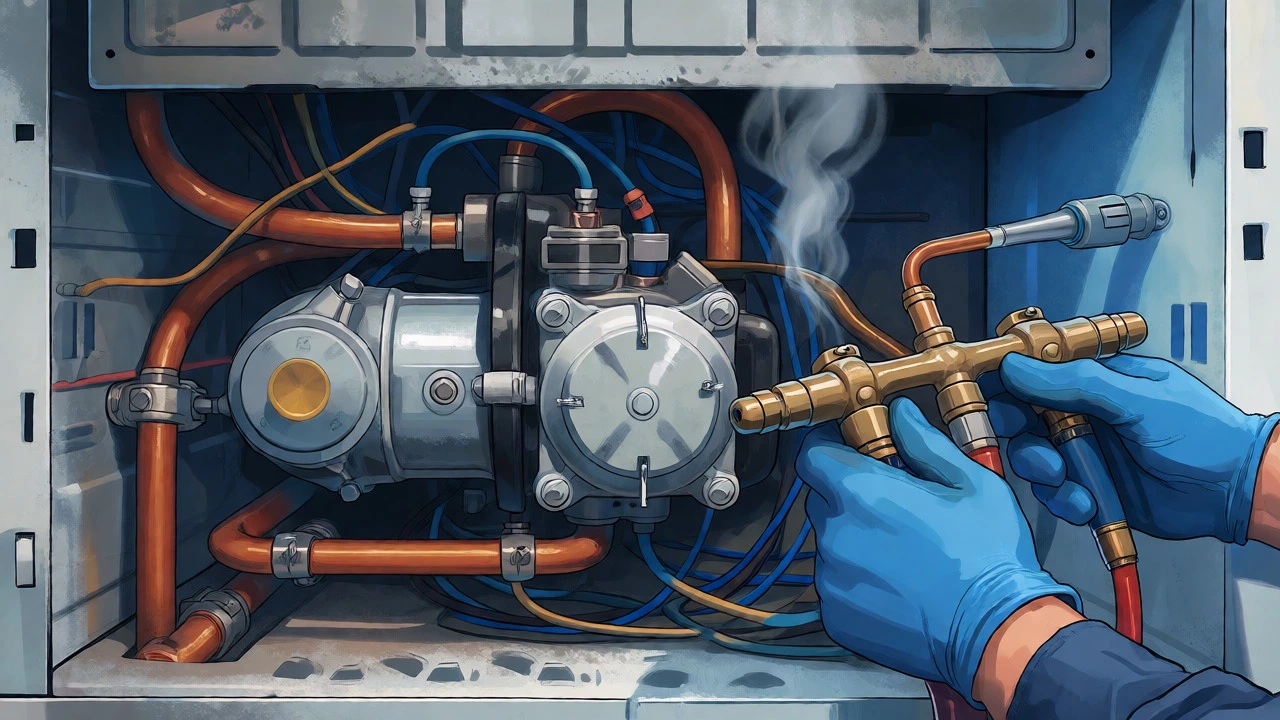 Technician servicing a refrigerator compressor with gauges and tools