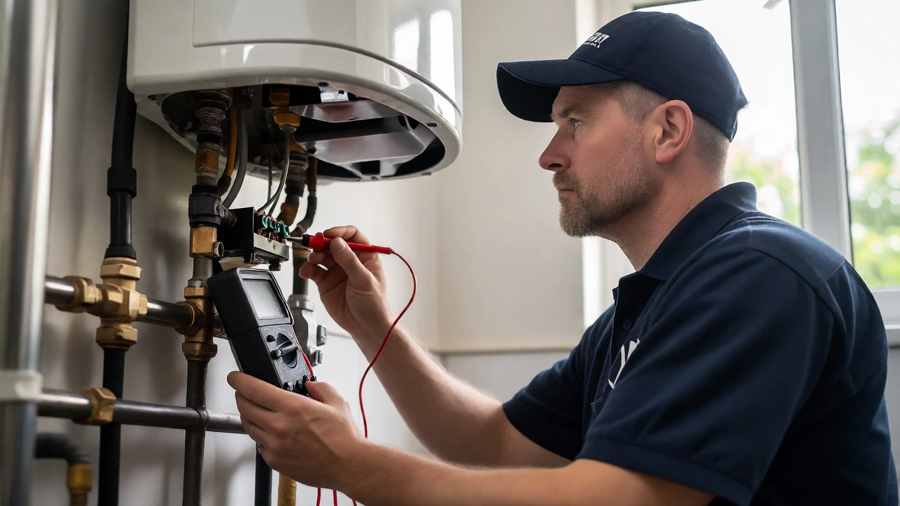 Technician using a multimeter to test the electrical terminals of a water heater.