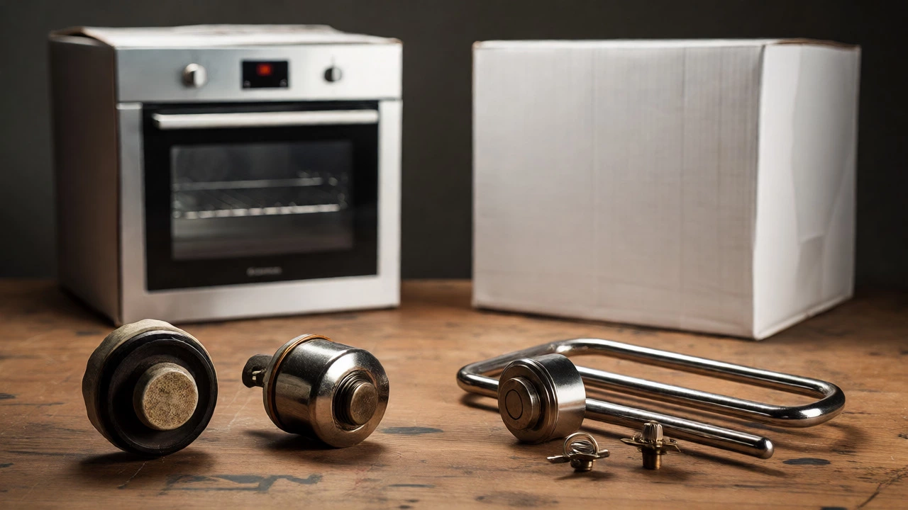 Vintage oven parts and a worn knob next to a new appliance box